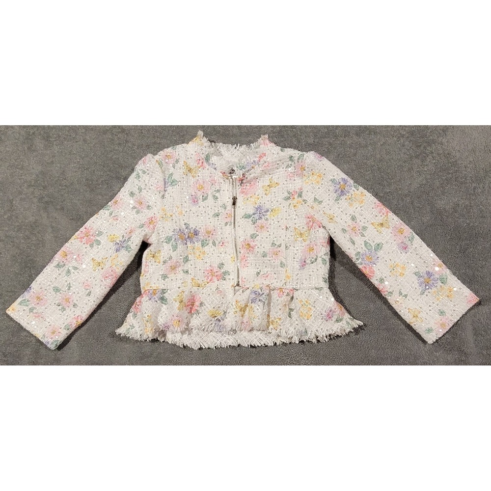 Blueberi Boulevard Girls 5T Floral Tweed Sequin Peplum Jacket White Pink BB5JH68